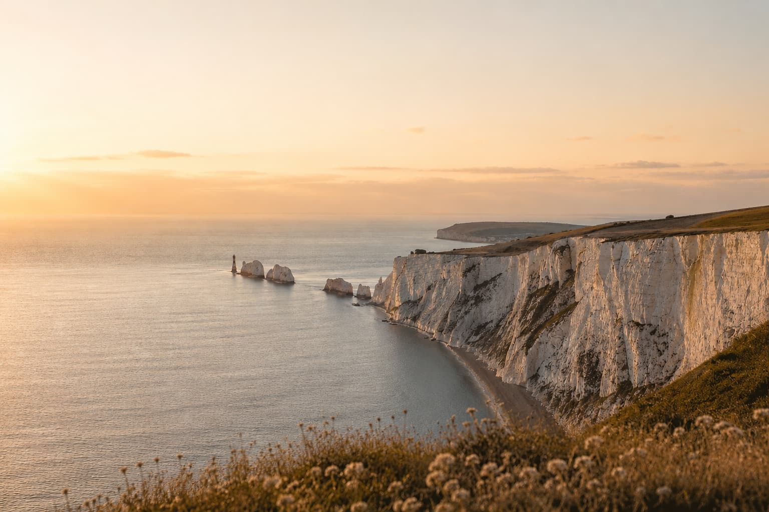 The Needles chalk stacks at sunset, Isle of Wight